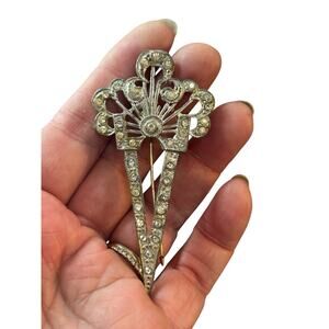 Art Deco Rhinestone Dress Clip Silver Tone Fan Brooch 1930s Antique Style